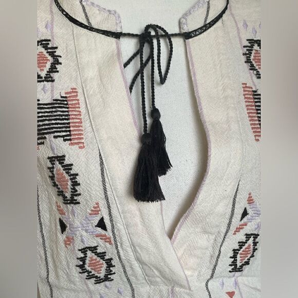 Free People Baja Boho Aztec Embroidered Crean V Neck Romper Size S/P - Picture 10 of 13